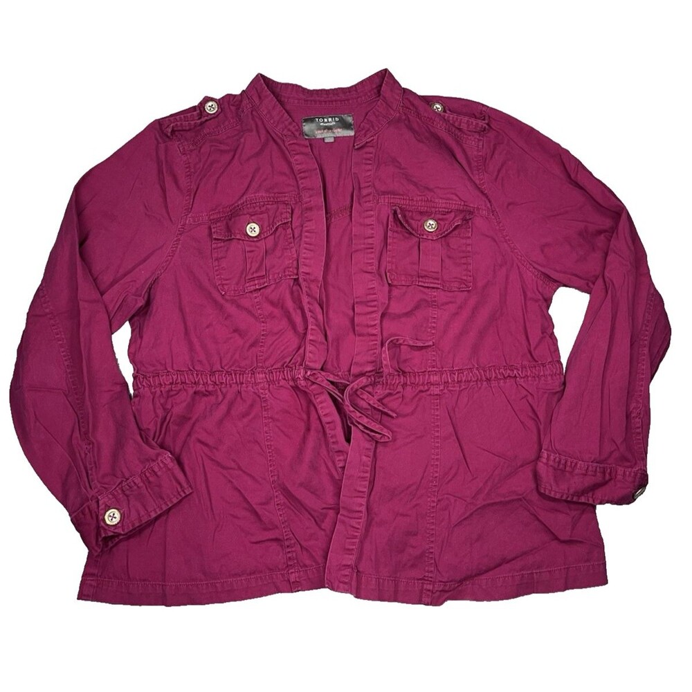 Torrid Utility Jacket Womens Plus 2 Mid Length Cinch Waist Cargo Magenta Cotton